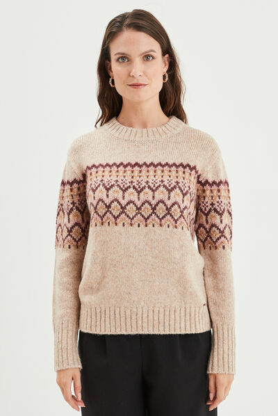 Pull jacquard col rond manches longues beige femme
