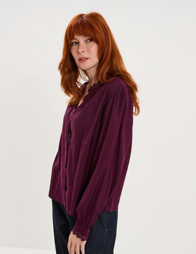 Blouse col montant dentelle violet fonc&eacute; femme