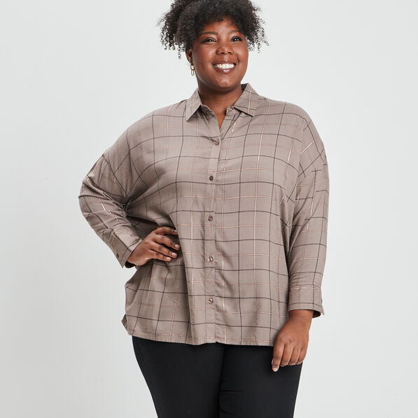 Chemise à carreaux coupe chauve-souris camel femme grande taille