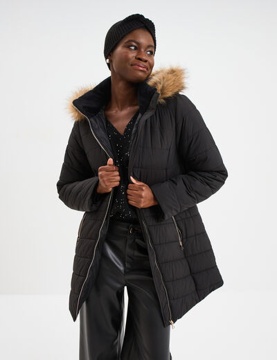 Doudoune mi-longue &agrave; capuche noir femme