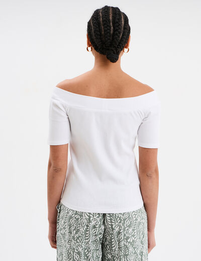 T-shirt col bardot manches courtes coton blanc femme
