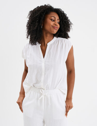 Blouse sans manches col tunisien coton blanc femme
