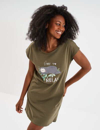 Chemise de nuit manches courtes coton vert kaki femme