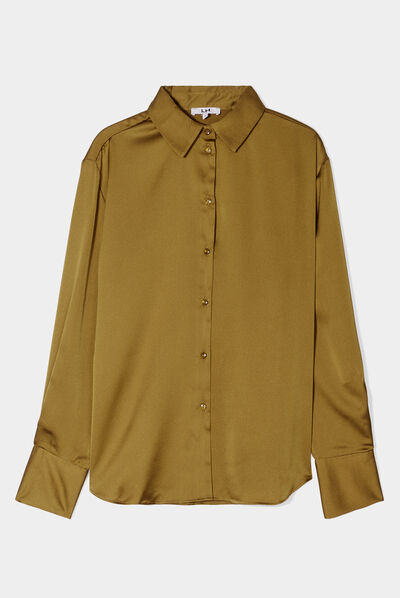 Chemise satin manches longues vert olive femme