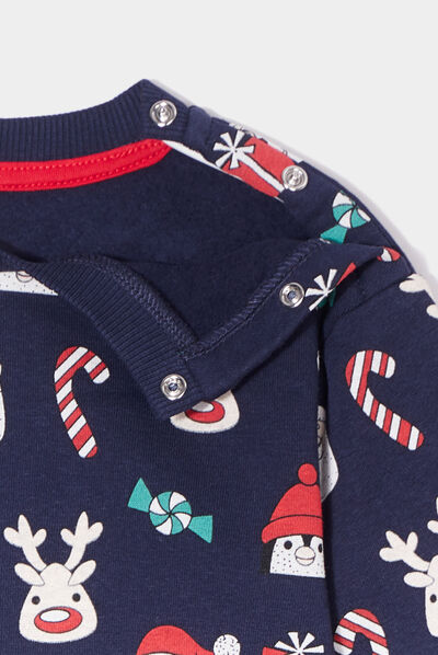 Sweat de Noël épaule boutonnée col rond bleu marine bébé garçon
