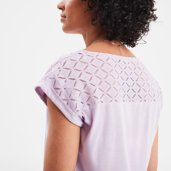 t shirt col en v dentelle epaules et dos violet clair femme T-shirt col en V dentelle épaules et dos violet clair femme