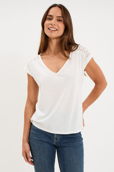T-shirt col en V ajour&eacute; &eacute;paules et dos blanc femme
