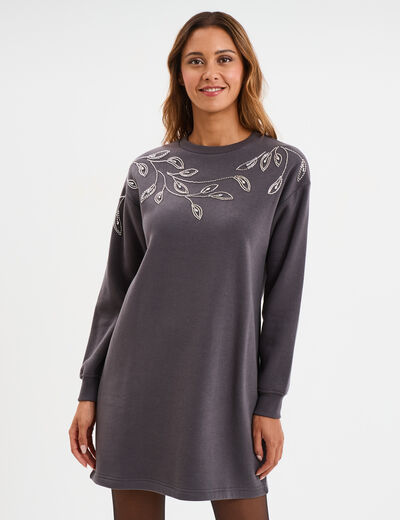 Robe pull d&eacute;tails strass gris fonc&eacute; femme