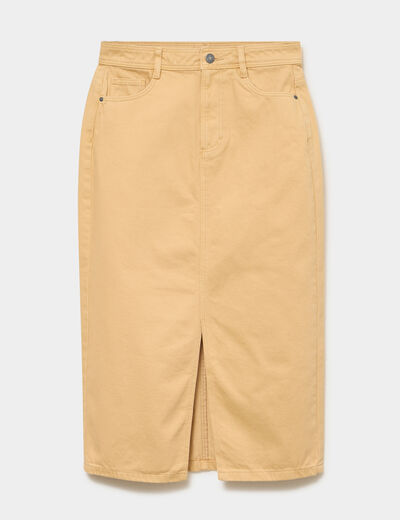 Jupe en jean longue fendue droite beige femme