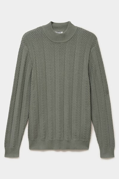 Pull col montant manches longues coton vert kaki homme