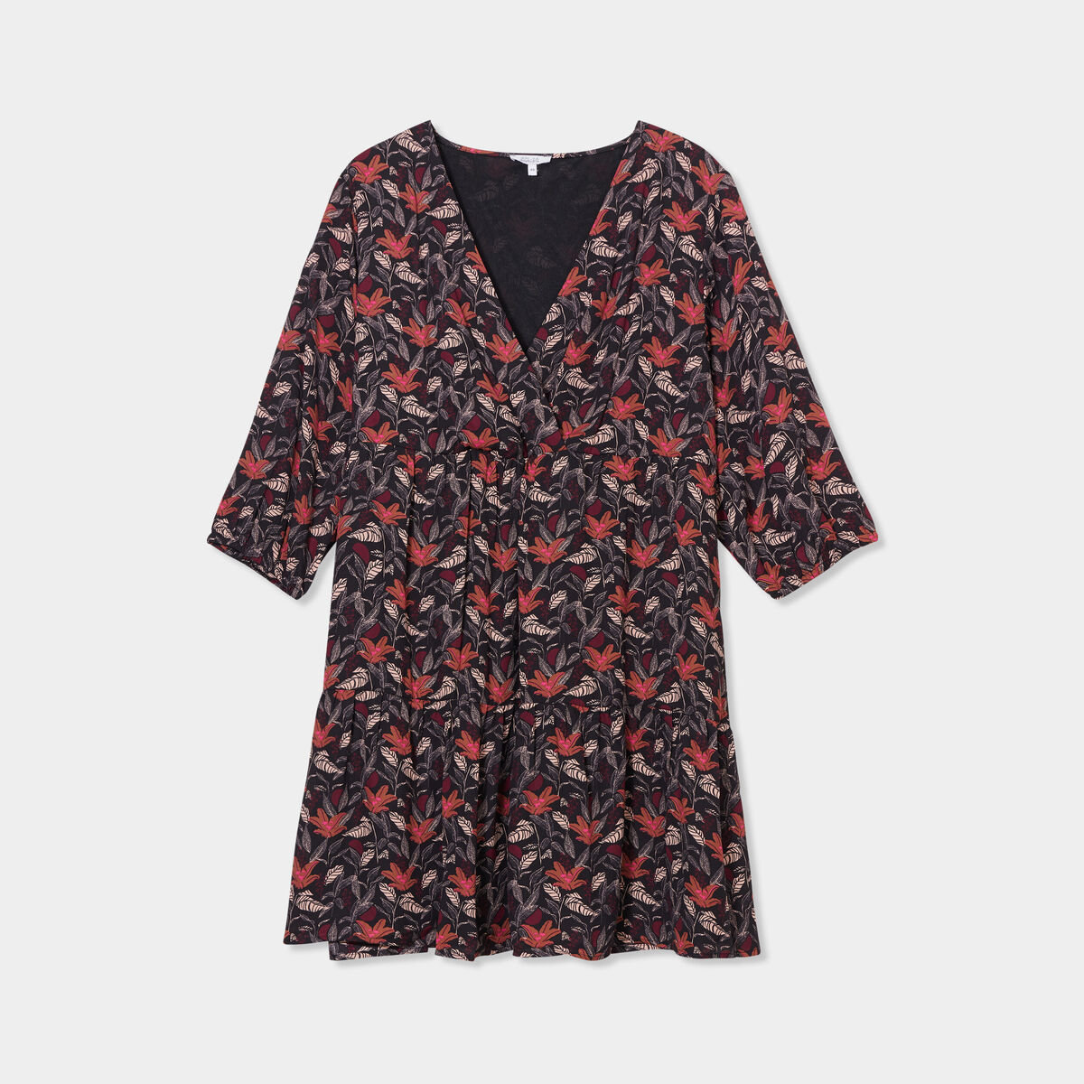 Robe évasée col cache-coeur manches 3/4 bordeaux femme grande taille
