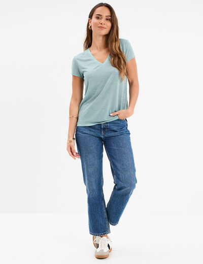 T-shirt col en V manches courtes bleu gris femme