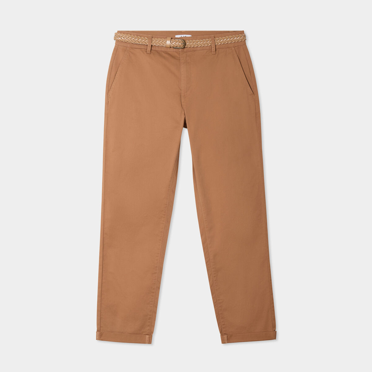 Pantalon chino 7/8ème ceinture tressée marron clair femme