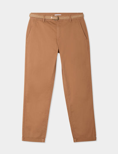 Pantalon chino 7/8ème ceinture tressée marron clair femme