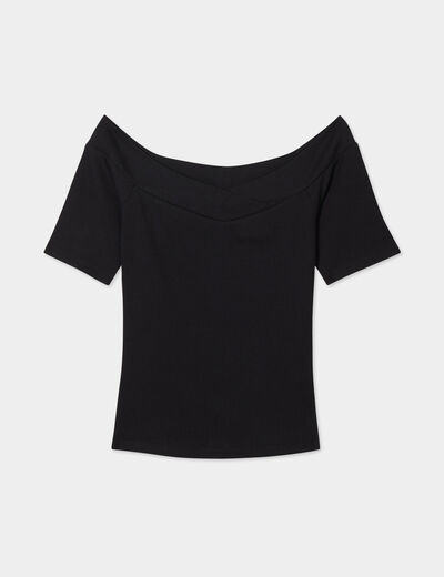 T-shirt col bardot manches courtes coton noir femme