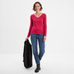 T-shirt manches longues col en V coton rose framboise femme