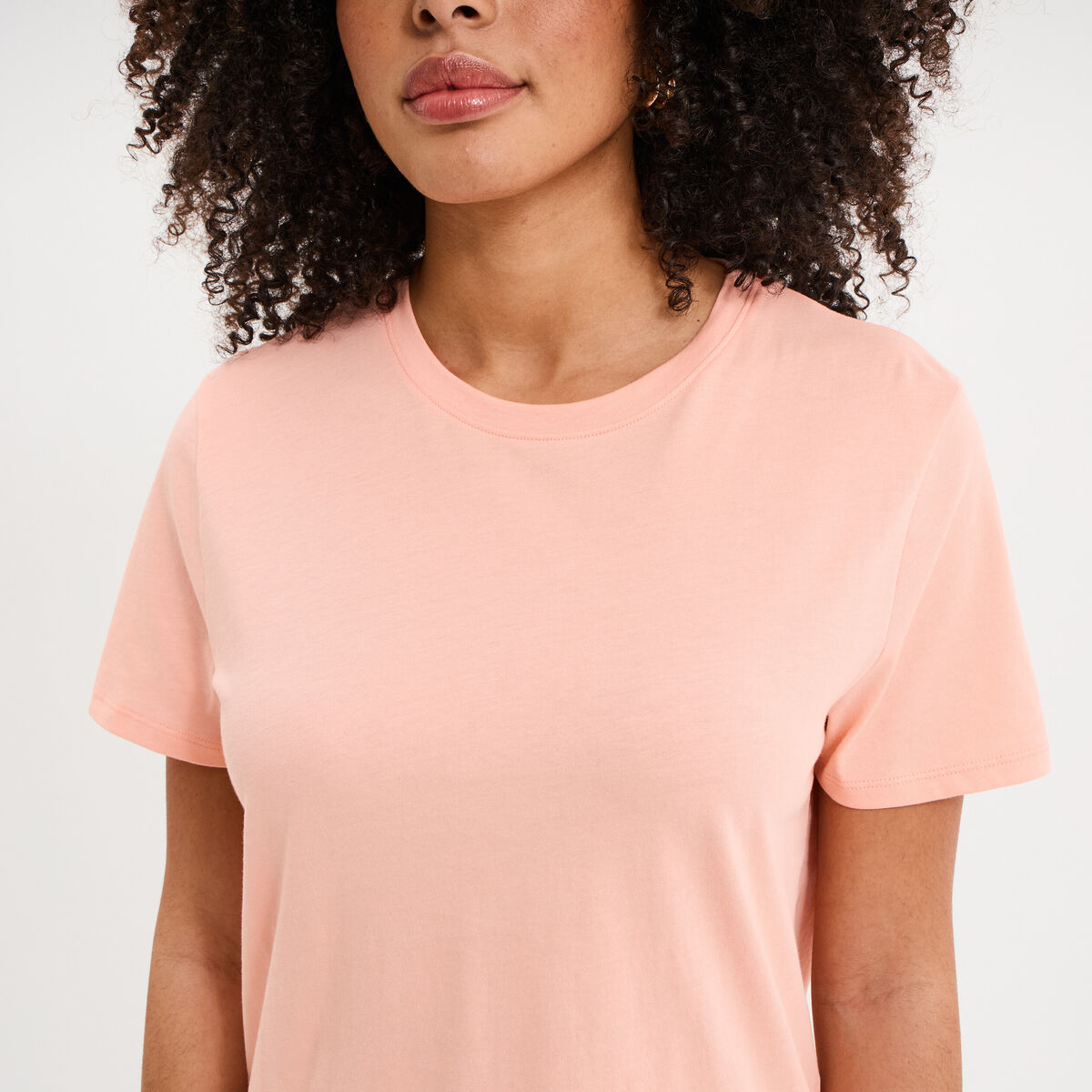 T-shirt col rond manches courtes coton rose poudr&eacute;e femme