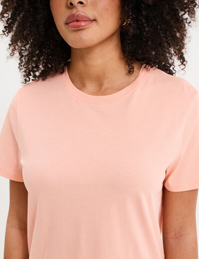 T-shirt col rond manches courtes coton rose poudr&eacute;e femme