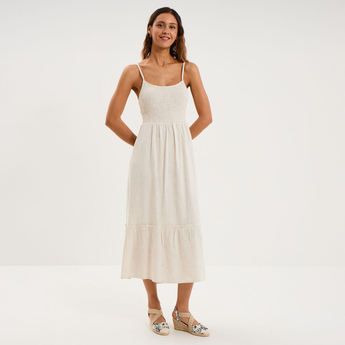 Robe longue buste smock&eacute; lin m&eacute;lang&eacute; beige femme