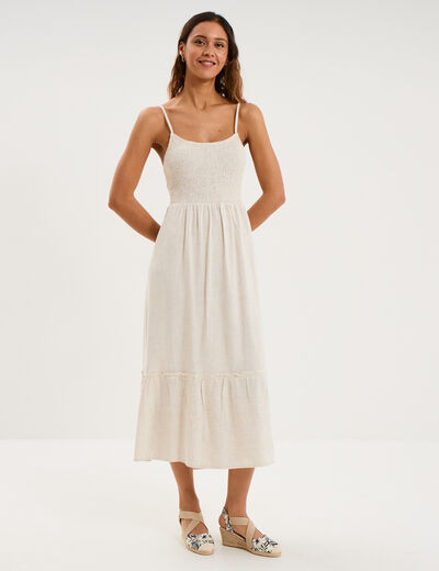 Robe longue buste smock&eacute; lin m&eacute;lang&eacute; beige femme