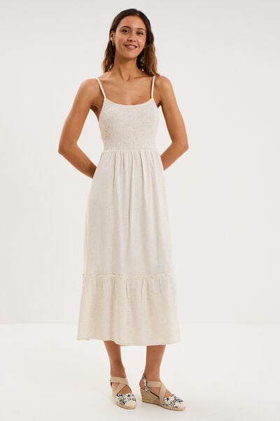 Robe longue buste smock&eacute; lin m&eacute;lang&eacute; beige femme