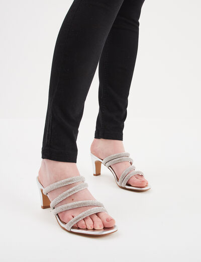 Mules à talons brides à strass Mosquitos gris argent femme