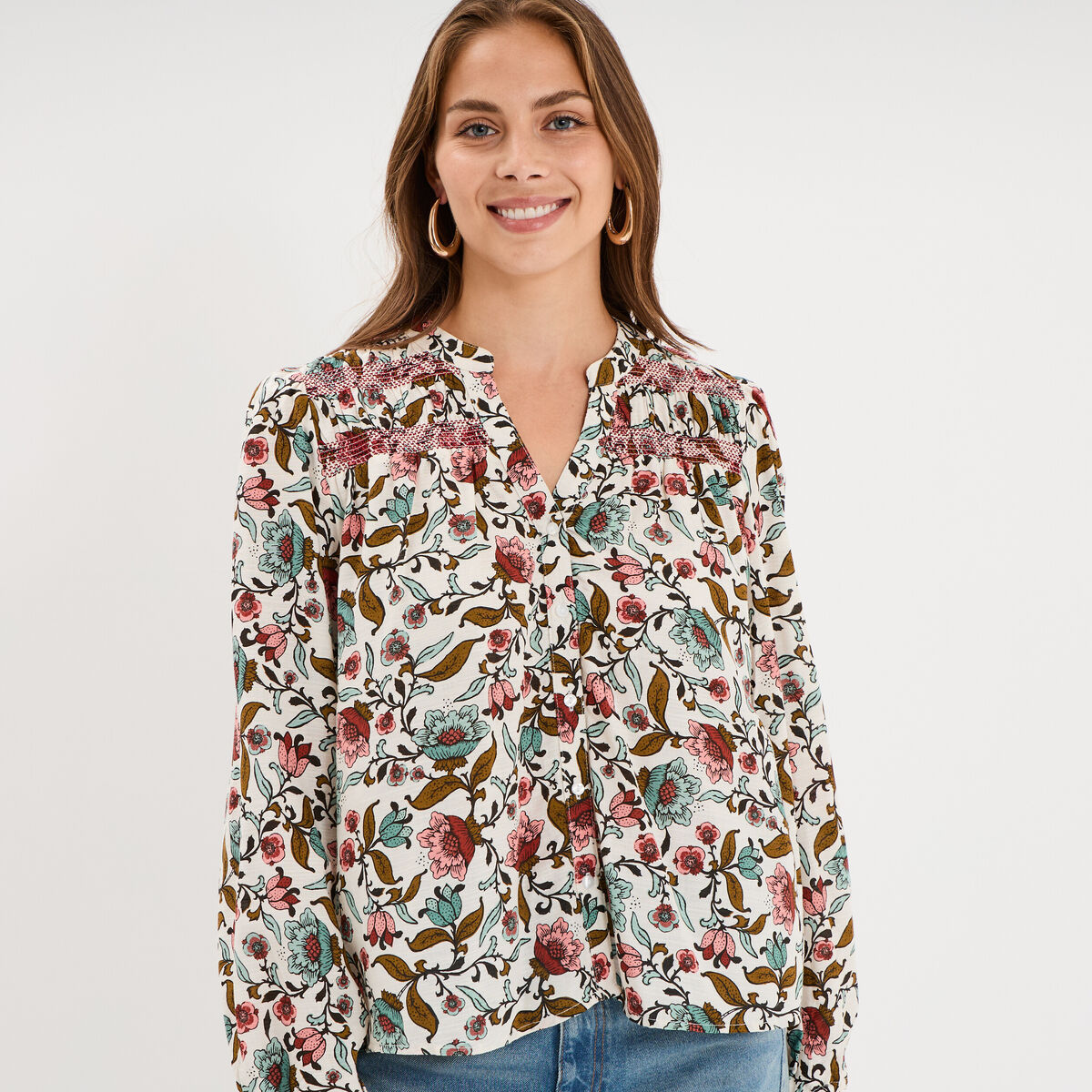 Chemise fluide &eacute;paules smock&eacute;es multicolore femme