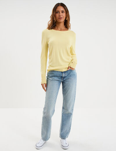 Pull col rond boutons aux poignets jaune clair femme