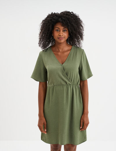 Robe courte col cache-coeur vert kaki femme
