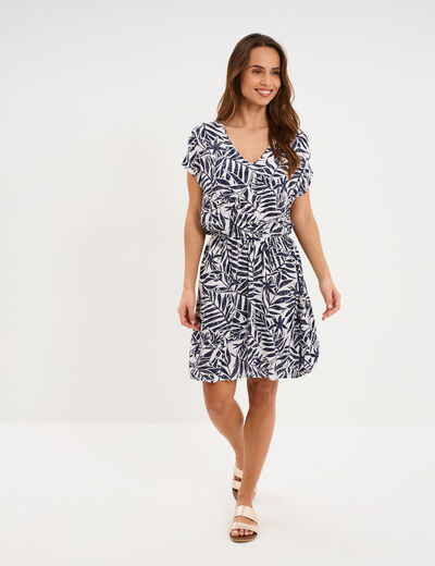 Robe caftant courte col en V ecru femme