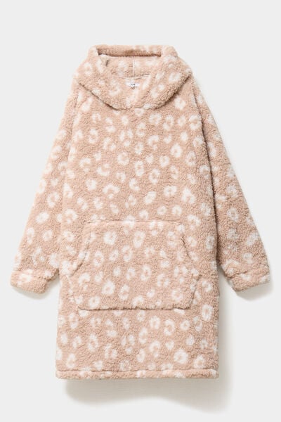 Poncho plaid effet polaire &agrave; capuche rose poudr&eacute;e femme