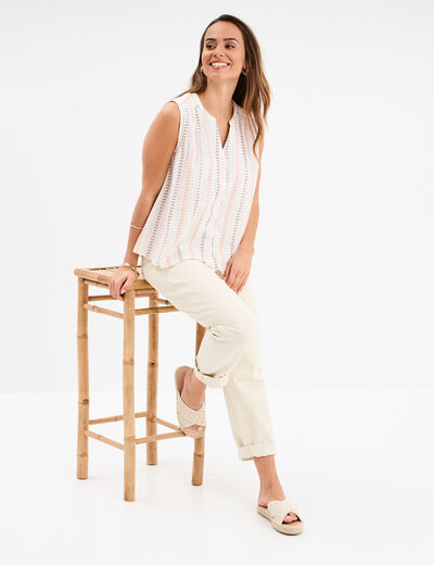 Blouse col tunisien gaze de coton ecru femme