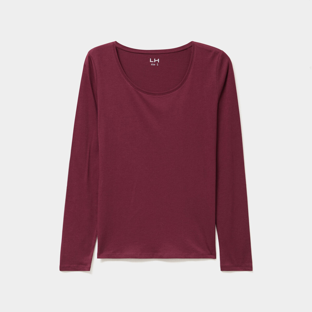 T-shirt coton col rond manches longues bordeaux femme