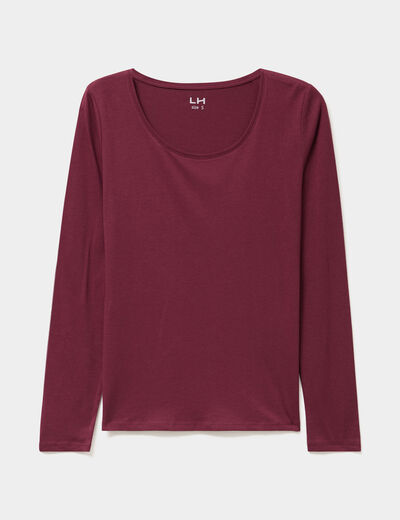 T-shirt coton col rond manches longues bordeaux femme