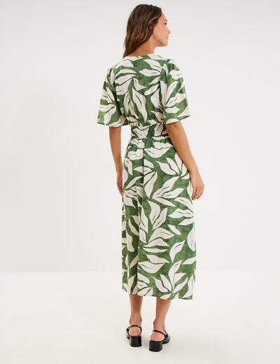 Robe longue col V taille &eacute;lastiqu&eacute;e vert kaki femme