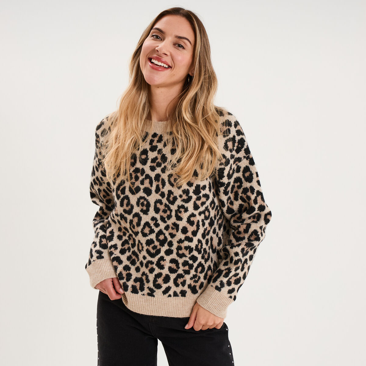 Pull col rond &agrave; manches longues beige clair femme