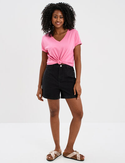 T-shirt manches courtes col en V coton rose femme