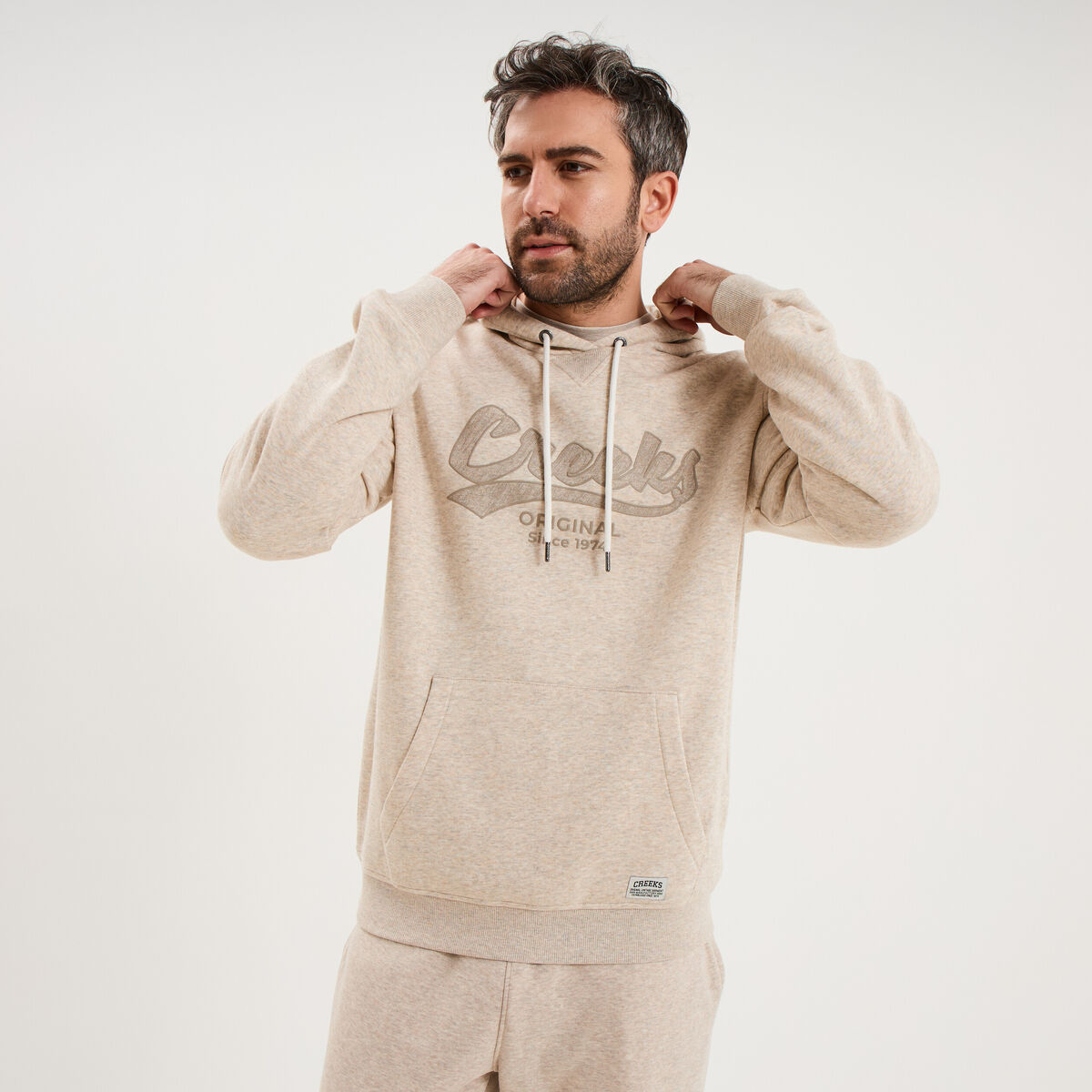 Sweat hoodie 1 poche manches longues beige homme