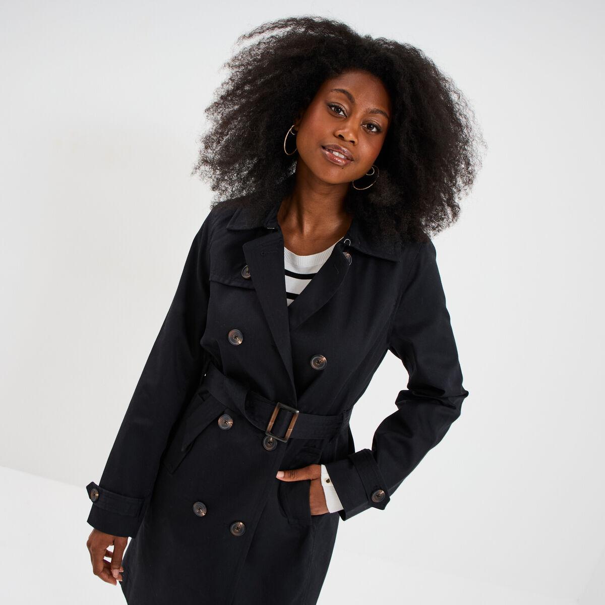 Trench mi-long ceintur&eacute; noir femme