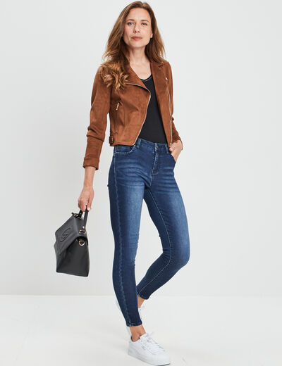 Veste courte esprit biker effet suédine camel femme