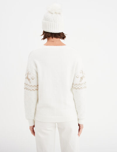 Pull No&euml;l col rond manches longues blanc femme