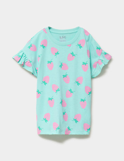 T-shirt col rond manches &agrave; volants coton bleu turquoise fille