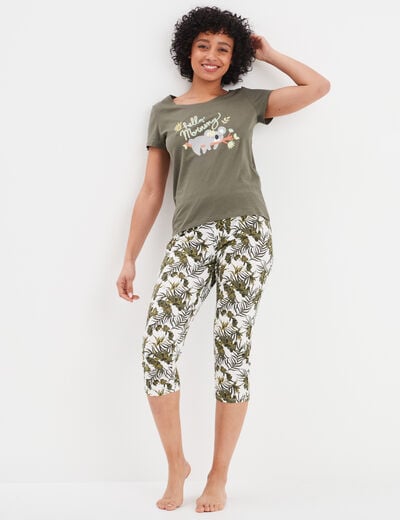 Ensemble pyjama corsaire 2 pièces coton vert kaki femme