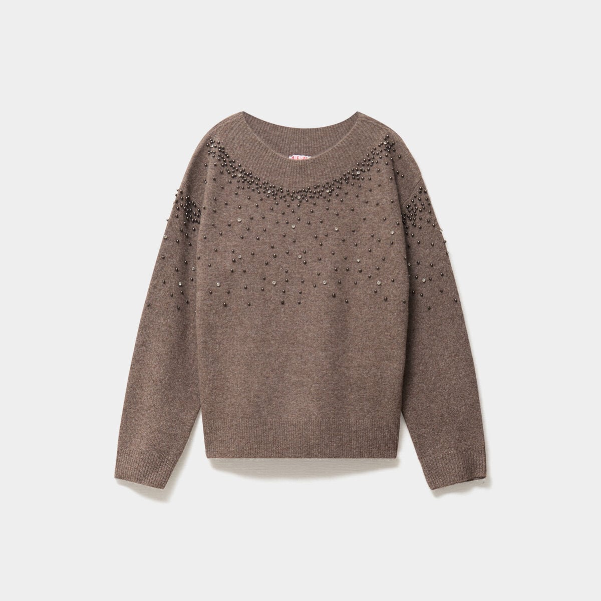 Pull perles et strass manches longues taupe femme