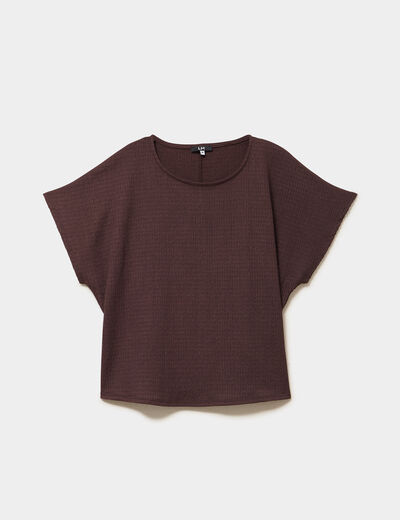 T-shirt gaufr&eacute; col rond manches courtes marron fonc&eacute; femme