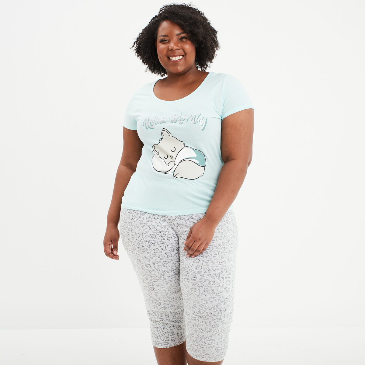 Ensemble pyjama corsaire 2 pi&egrave;ces bleu turquoise femme grande taille