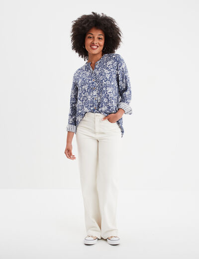 Chemise manches longues col mao bleu gris femme