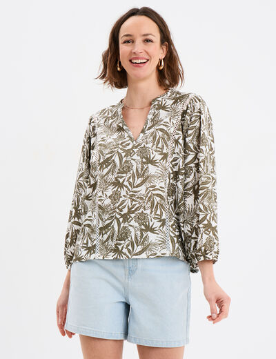 T-shirt ajouré manches 3/4 col en V ecru femme