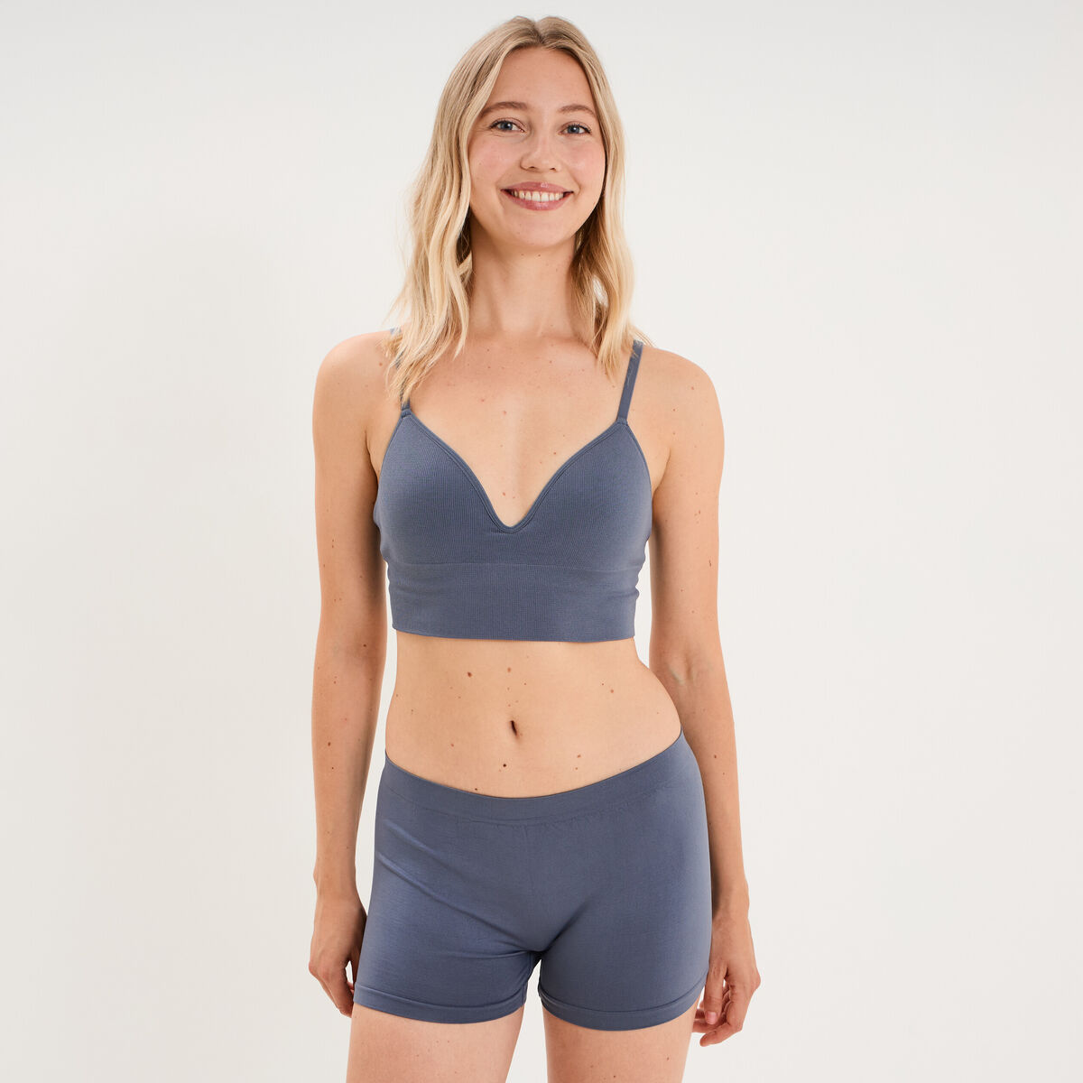 Short cycliste taille &eacute;lastiqu&eacute;e bleu gris femme