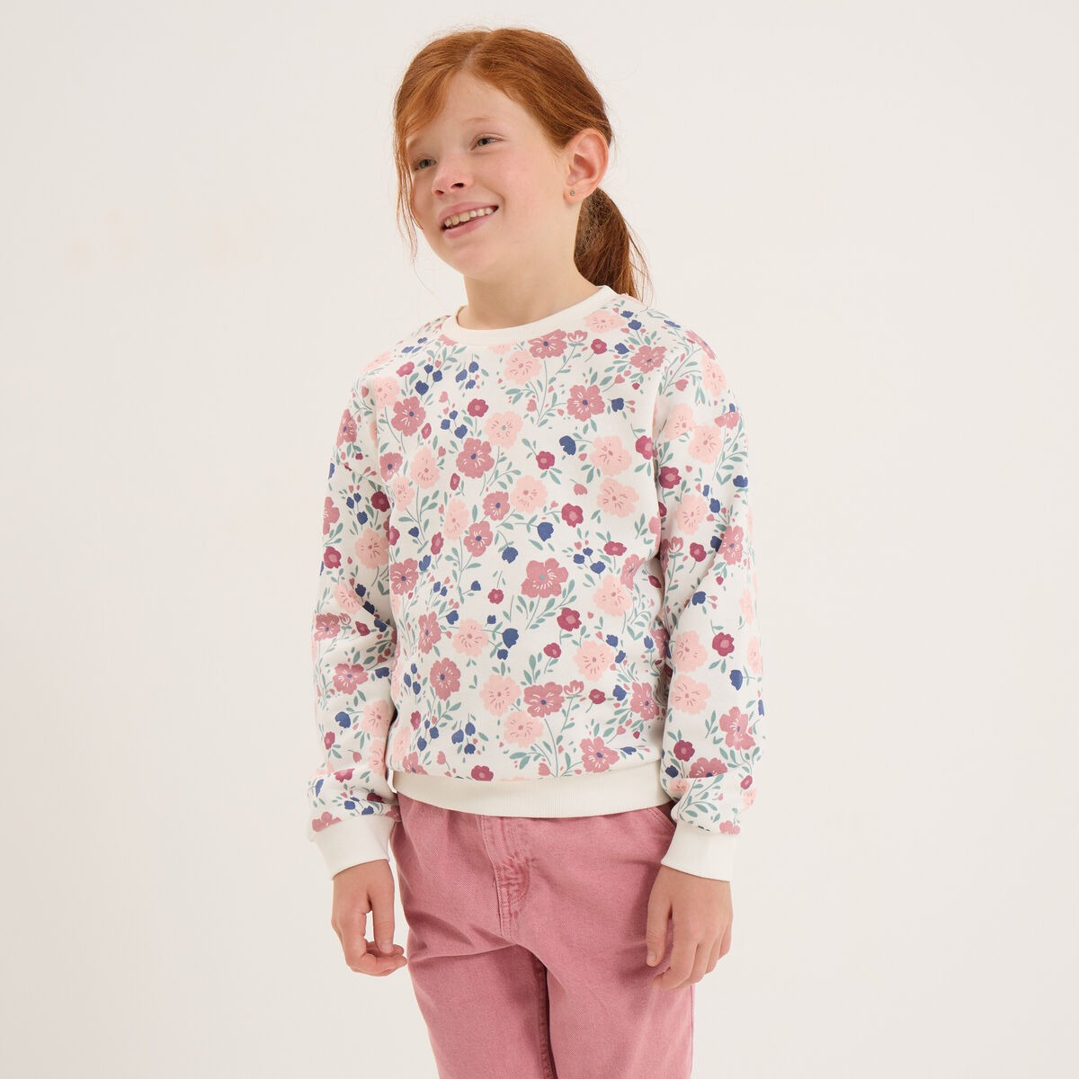 Sweat col rond manches longues beige fille